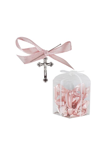 Recostore Set 20 marturii, cruciulite biserica din metal cu bolduri si cutiuta, funda roz pudrat, REC1968/51