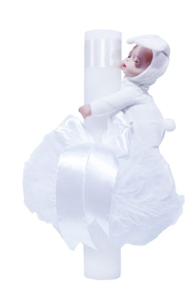 Recostore Lumanare alba botez, cu iepuras alb, tulle alb si funda, 30x5 cm, REC99