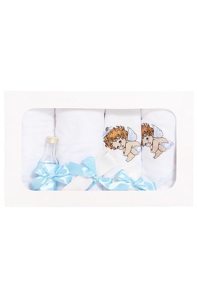 Recostore Trusou botez brodat cu ingeras, alb-bleu, 7 piese,REC1754