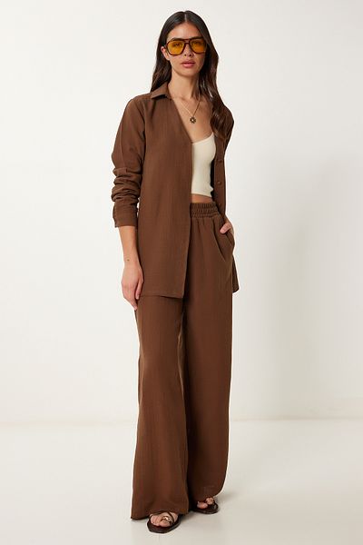 Lovelyİstanbul Linen Muslin Shirt Pants Suit Brown Lcr0078