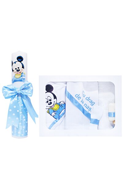 Recostore Set complet botez, lumanare si trusou, alb-bleu, Mickey Mouse, 7 pi...