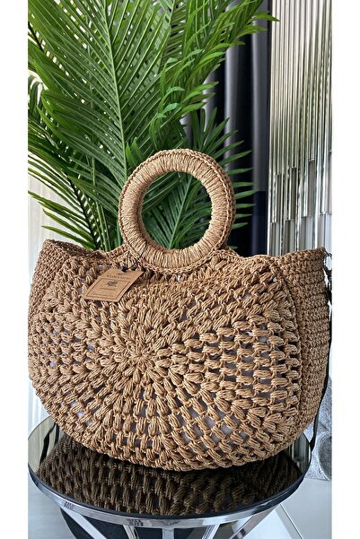 WOMANBAG El Yapımı Fıstık Model Tasarım Hasır Plaj Çantası (47X40CM)