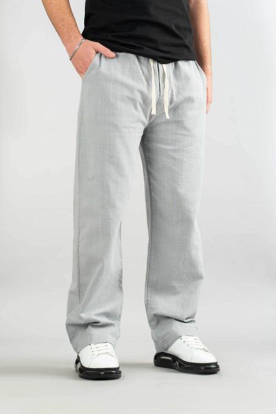 bombe Men's Gray Comfortable Fit Bagy Trousers Linen Belted Drawstring Soft Fabric Blend Trousers