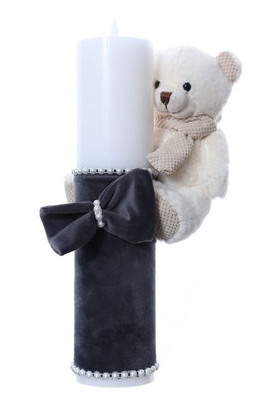 Recostore Lumanare botez catifea gri si ursulet de plus, 28 cm, REC2167