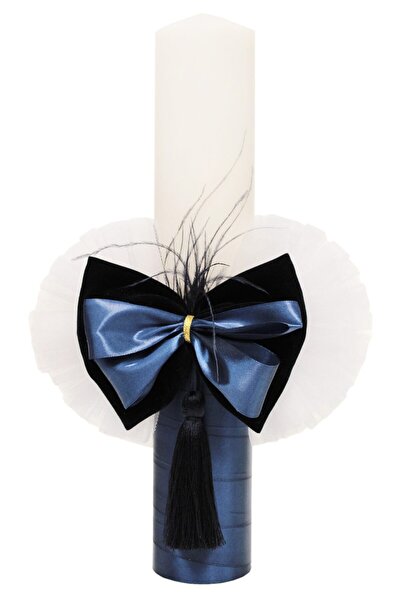 Recostore Lumanare botez alba cu papion bleumarin, 40x6 cm, REC1326
