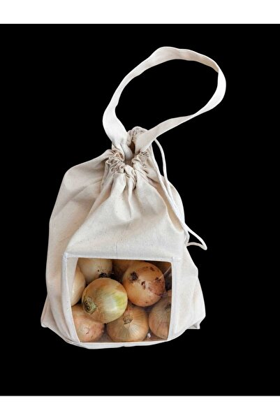 ilkadimbuklet 5 Kg Soğan Saklama Torbası | Asetat Pencereli Pamuk Ham Bez | İpli & Saplı Doğal Bez Torba