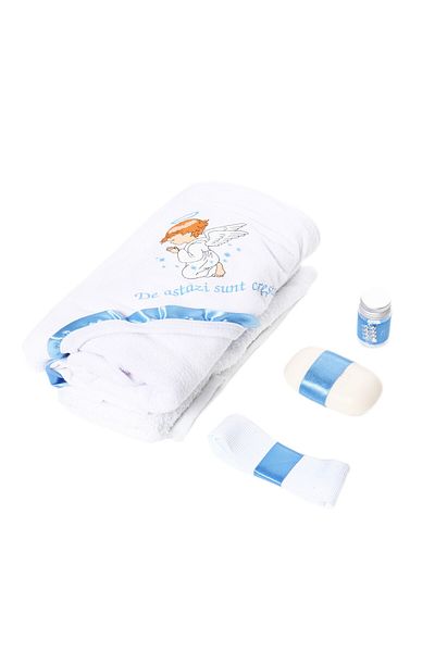 Recostore Trusou botez cu ingeras, alb-bleu, mesaj „De azi sunt crestin” 6 piese, REC1737