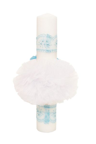 Recostore Lumanare botez, cu fluturi, tulle alb si bleu, 40x6 cm, REC1259