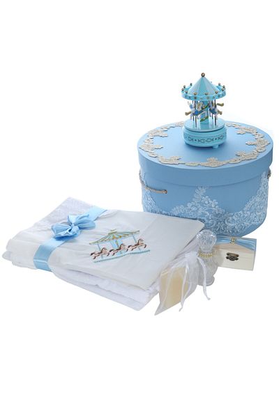 Recostore Trusou botez baieti 9 piese bleu cu carusel ®, REC3012