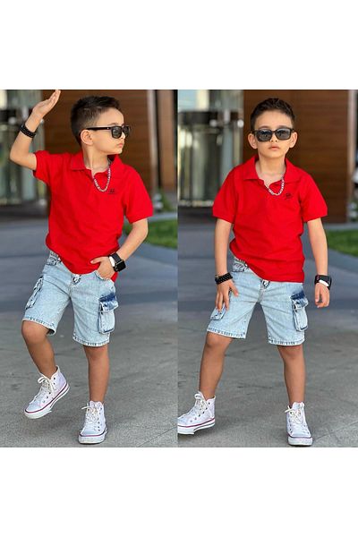 JOYBOY KİDS Boy's Suit with Polo Collar Demin Shorts