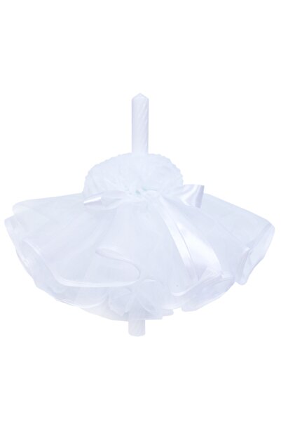Recostore Lumanare cu funda botez, cu volane din tulle alb, 45x3 cm, REC199