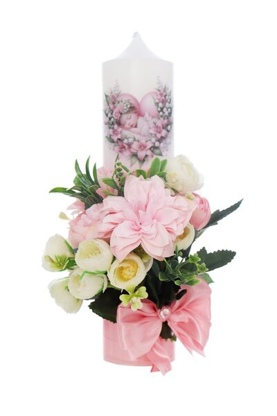 Recostore Lumanare botez fete, Bebelus cu flori artificiale, 30x7 cm, roz pud...
