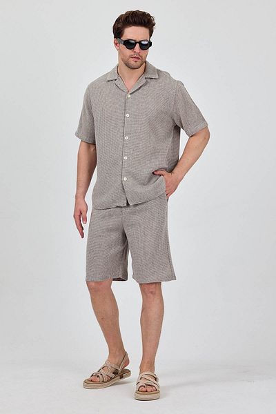 Cosplay Men's Brown Linen Look Summer Shorts Suit - Shirt & Shorts Double Combination
