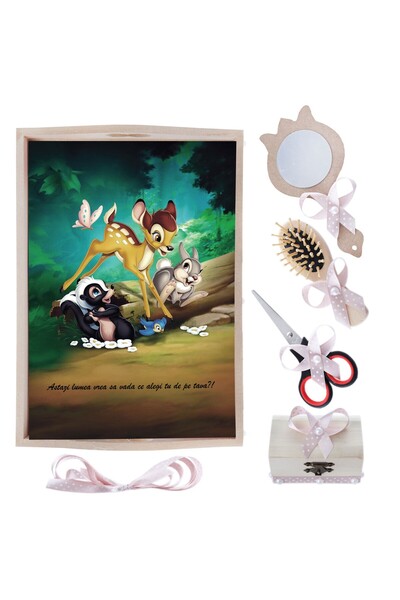 Recostore Tava mot fete, cu Caprioara Bambi si Bocanila, roz pudrat, 6 piese, 35x20 cm, REC1967/125