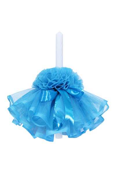 Recostore Lumanare cu funda botez, cu volane din tulle turcoaz, 45x3 cm, REC203