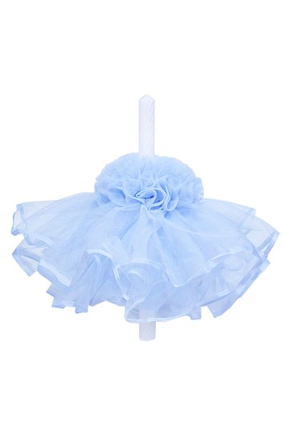 Recostore Lumanare cu funda botez, cu volane din tulle bleu, 45x3 cm, REC202