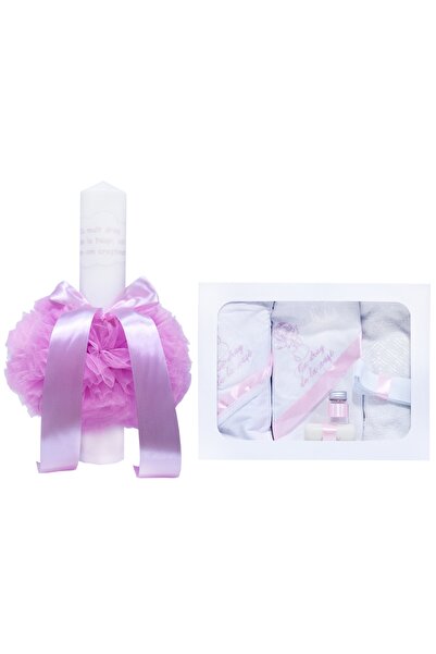 Recostore Set complet botez, lumanare si trusou, alb-roz, REC346