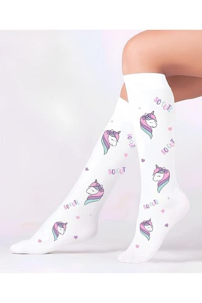 Daymod Girl's White Unicorn Printed Mousse Knee Socks Sare