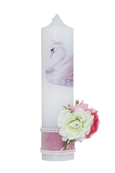 Recostore Lumanare botez fete, cu Lebada si flori artificiale, 30x7 cm, roz p...