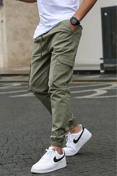 SERAZAT Men's Cargo Pocket Pants Green Jogger Pants with Side Pockets