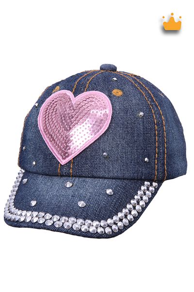 Kitti 2-5 Years 48cm Girl's Stoned Heart Denim Jeans Adjustable Velcro Hat Cap Navy Blue Y91501