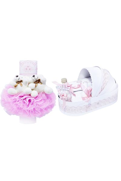 Recostore Set complet botez, lumanare si trusou, alb-roz, REC372