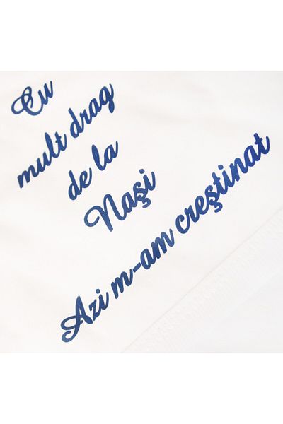 Recostore Trusou alb-bleumarin botez, "Cu mult drag de la nasi" 7 piese, REC1245