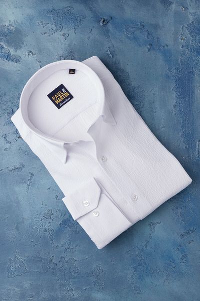 Paul Martin Regular Fit Hidden Collar Buttoned Lycra Summer Seersucker Fabric Shirt