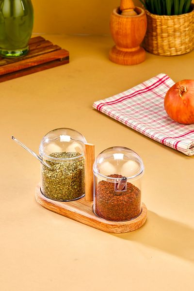 Espas Home 2-Piece Spice Jar Set with Spoon and Transparent Lid and Wooden Stand