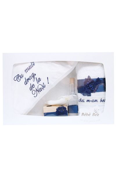 Recostore Trusou alb-bleumarin botez, compus din prosop bebe, REC1424