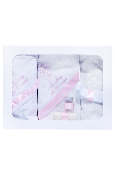 Recostore Trusou botez, alb-roz, cu ingeras brodat, REC278