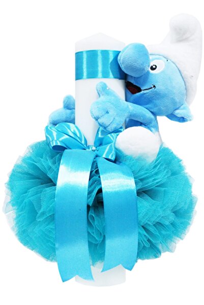 Recostore Κερί βαπτίσματος Στρουμφ, τυρκουάζ τούλι και φιόγκος, 40x7 cm, REC1455