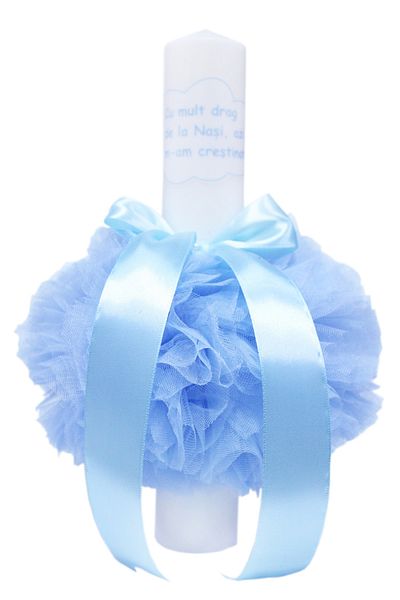 Recostore Lumanare bleu cu mesaj „Cu mult drag de la nasi” botez, 30x5 cm, REC116