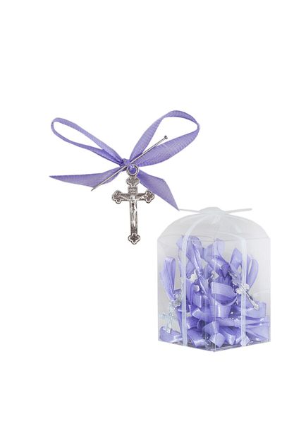 Recostore Set 20 marturii, cruciulite biserica din metal cu bolduri si cutiuta, funda lila, REC1968/53