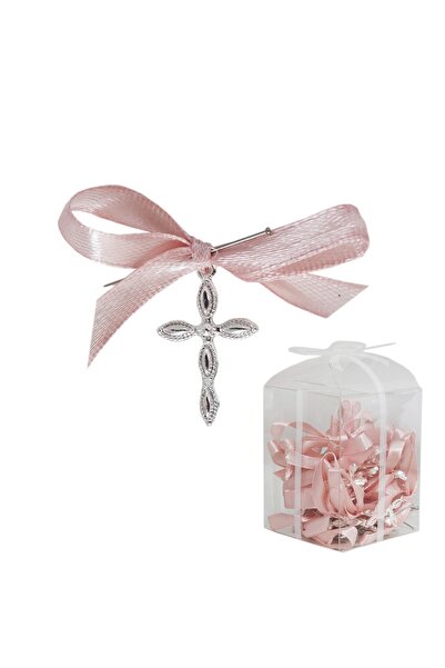 Recostore Set 20 marturii, cruciulite biserica din metal cu bolduri si cutiuta, funda roz pudrat, REC1968/55