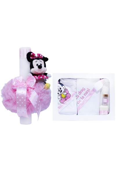 Recostore Set complet botez, lumanare si trusou, alb-roz, Minnie Mouse, REC377