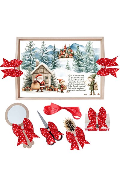 Recostore Tava mot fete, cu Mos Craciun si spiridusii, rosu, 6 piese, 35x20 cm, REC1967/275