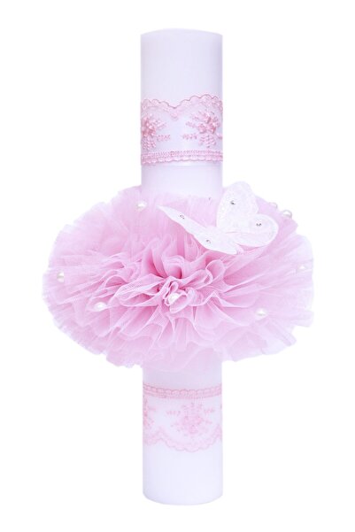 Recostore Lumanare botez, cu fluturi, tulle roz si , 40x6 cm, REC1255