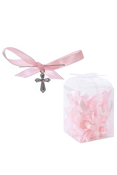 Recostore Set 20 marturii, cruciulite biserica din metal cu bolduri si cutiuta, funda roz pudrat, REC1968/58