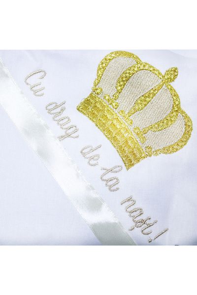 Recostore Trusou alb cu coroana de print crem „Cu drag de la nasi” botez, 7 piese, REC74