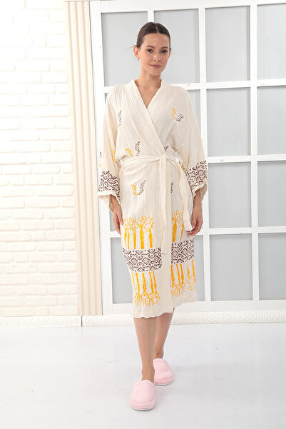 Almir Home 100% Cotton Muslin Kimono New Generation Bathrobe Kaftan Dressing Gown - Hand Printed