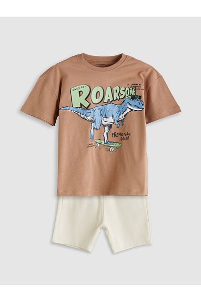 LC Waikiki Lcw Kids Brown Dinosaur Printed Boys T-Shirt and Shorts Pack of 2