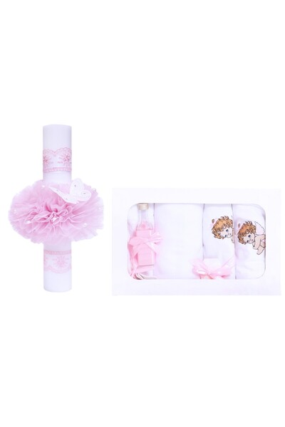 Recostore Set trusou si lumanare , ingeras brodat, roz, 8 piese,REC1836