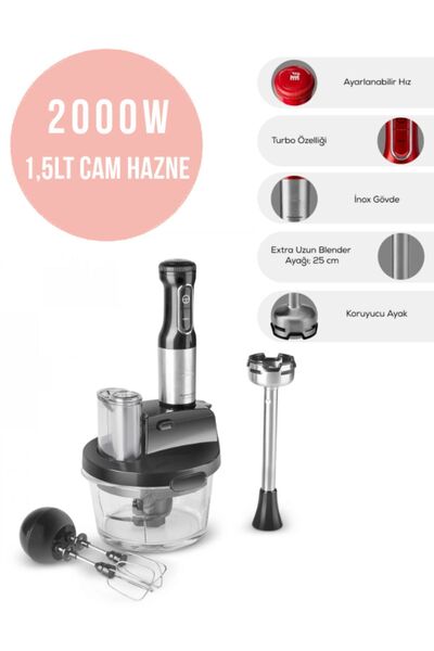 Karaca PRO 2000W Turbo fonksiyon CAM Hazne Çift Paslanmaz Çelik bıçak Buz Kırma Doğrayıcı Mutfak Robotu