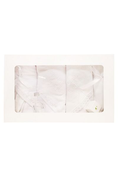 Recostore Trusou alb „Cu drag de la nasi” botez, 8 piese, REC1232
