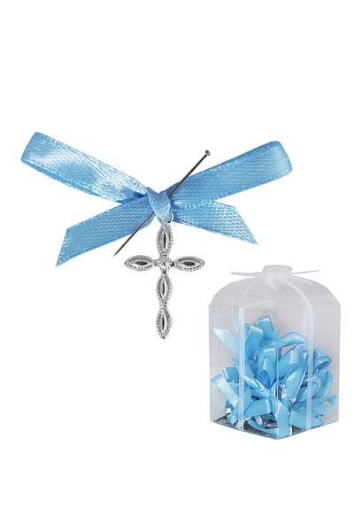 Recostore Set 20 marturii, cruciulite biserica din metal cu bolduri si cutiuta, funda bleu, REC1968/47
