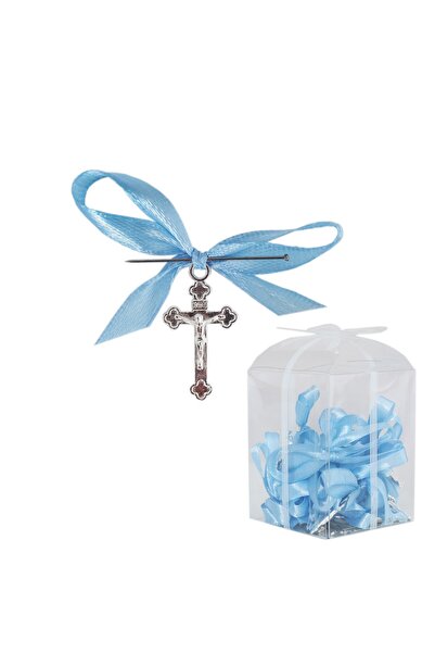 Recostore Set 20 marturii, cruciulite biserica din metal cu bolduri si cutiuta, funda bleu, REC1968/50