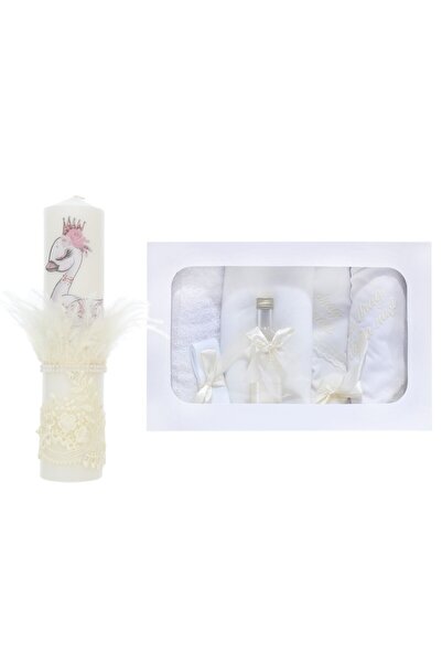 Recostore Set trusou si lumanare botez, Lebada, 8 piese, Ivoire, REC2589