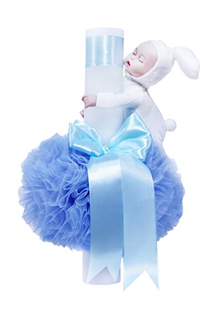 Recostore Lumanare bleu botez, cu iepuras alb, tulle bleu si funda, 30x5 cm, ...