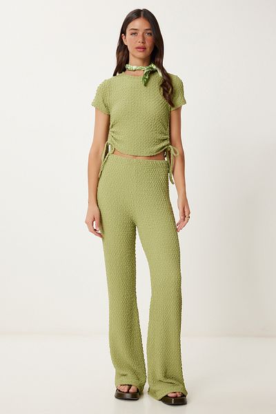 Lovelyİstanbul Textured Flexible Blouse Pants Suit Peanut Green Lzv0011